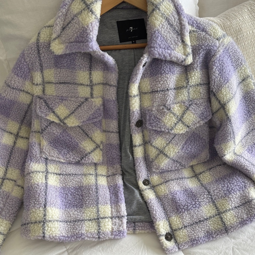 7 For All Mankind Kids Plaid Puffer Jacket in Lavender and Cream